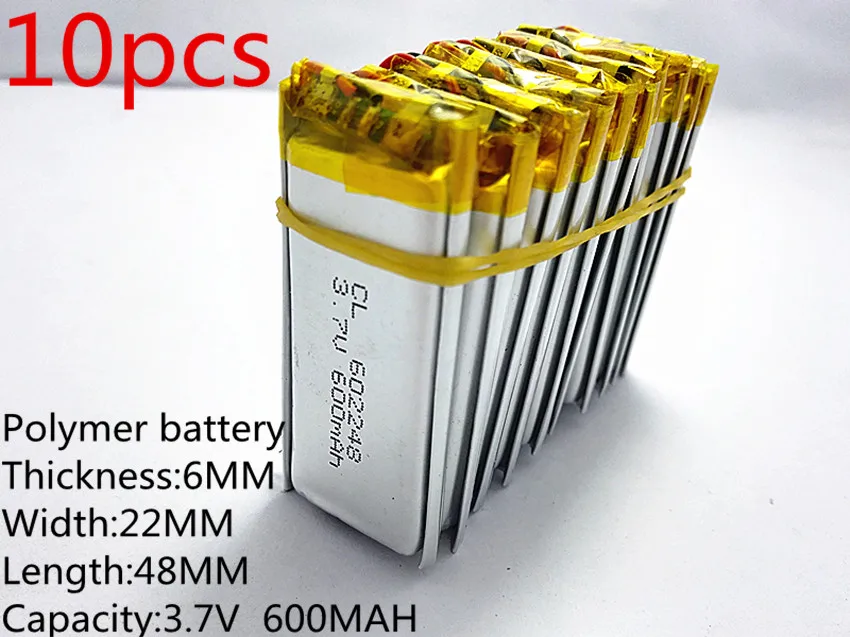 Bateria de Íon 602248 de Polímero de Lítio Recarregável para Mp3 Atacado Li-po li Mp4 Mp5 Gps Vedio Jogo Brinquedos 10pcs 3.7v 600mah - Image 2