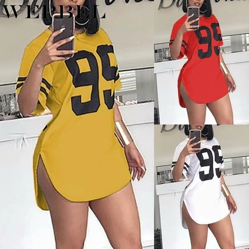 

WEPBEL Women Fashion Summer Mini Dress Casual Striped Nunber Printed Half Sleeve Dress Loose Slim Fit Split Sexy Beach Dress