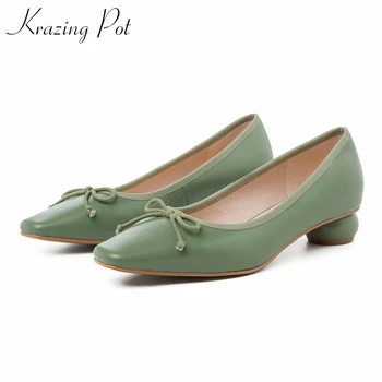 

Krazing pot sweet vitality maiden full grain leather ladies shoes bowtie square toe med heels slip on women spring pumps L06