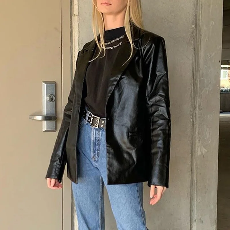 2021 Pu One Button Women's Leather Jacket Autumn Coat Streetwear Black  Women's Jacket Y2k Aesthetic Gothic Retro 90s Clothing - Faux Leather -  AliExpress