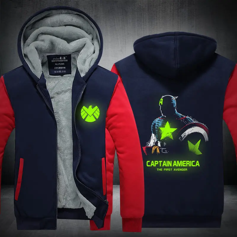 

Captain America Costume 2018 Double pile and thick Captain America zipper hooded Sweatshirts luminous Jackets for men and women