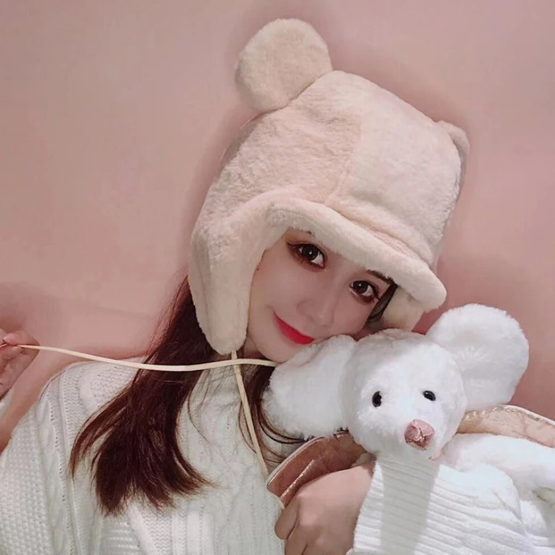 HT2771 Women Ear Fleece Russian Hat Parent Kids Russian Earflap Cap Thick Warm Double Sided Winter Hat Child Ski Trapper Cap