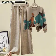 

Women's Knitted suit winter cartoon pictures Sweater pullover wide leg pants two piece pants sets woman 2 pieces knitwear