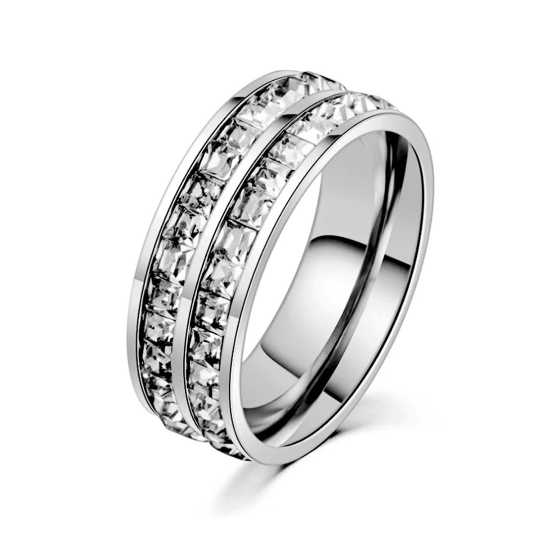 Chic Romantic Square Zircon Rose Gold Ring For Women Classic Charm Double Row Zircon Men Wedding Ring Silver Finger Jewelry