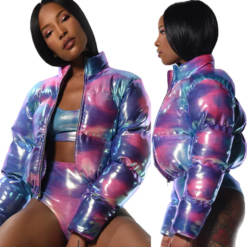 Синяя, розовая, с принтом Tie Dye, толстая короткая куртка, модная, зимняя,, уличная одежда для женщин, стоячий воротник, на молнии, верхняя одежда, укороченный топ