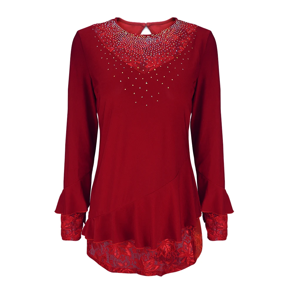 YTL элегантная женская блузка, осенняя красная с круглым вырезом, украшенная стразами, с расклешенными рукавами, Повседневная рубашка для свадьбы размера плюс 7XL 8XL H270
