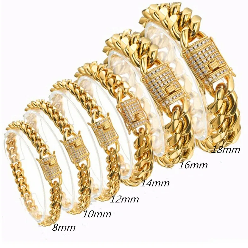 

New Arrival 8/10/12/14/16/18mm Stainless Steel Miami Curb Cuban Chain Crystal Bracelet Casting Lock Clasp Mens Link jewelry