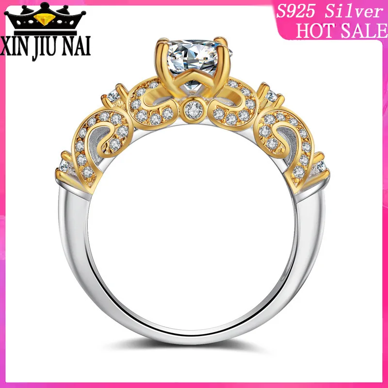 

18k golden yellow gold white gold color separation palace hollow-out four claw inlay diamond rings for women