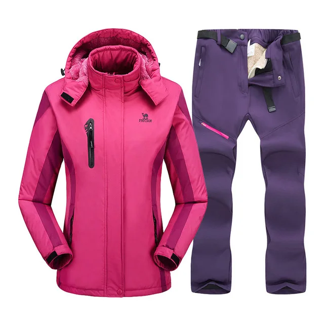 Лыжный костюм для женщин, зимний водонепроницаемый дышащий Теплый Сноуборд, куртка и штаны, непродуваемый женский костюм для сноуборда - Цвет: Rose Purple