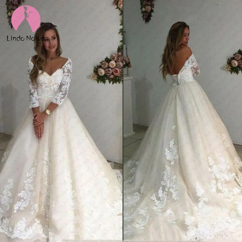 2019 Vestidos De Noiva Элегантные платья трапециевидной формы с длинными рукавами для свадьбы кружева аппликации открытая спина платье невесты Robe De
