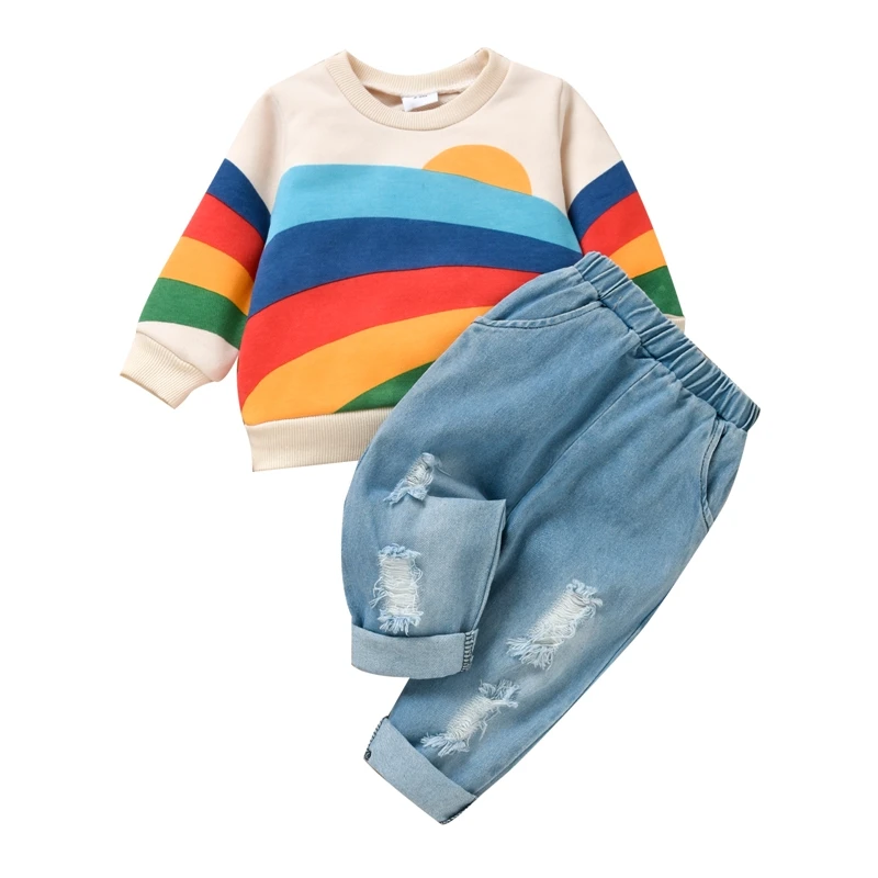 Toddler Baby Casual Pants Outfits, Long Sleeve Rainbow Printed Crew Neck Pullover + Solid Color Ripped Hole Long Pants Set