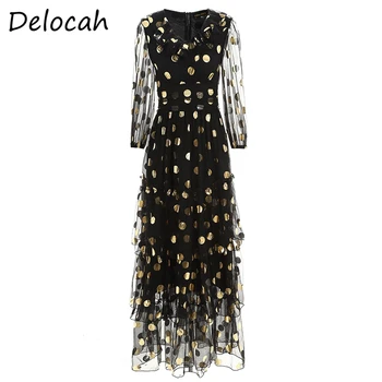 

Delocah Spring Summer Dress Fashion Designer Women Lantern Sleeve Simple Draped Dot Printed Mesh Holiday Maxi Dresses vestidos