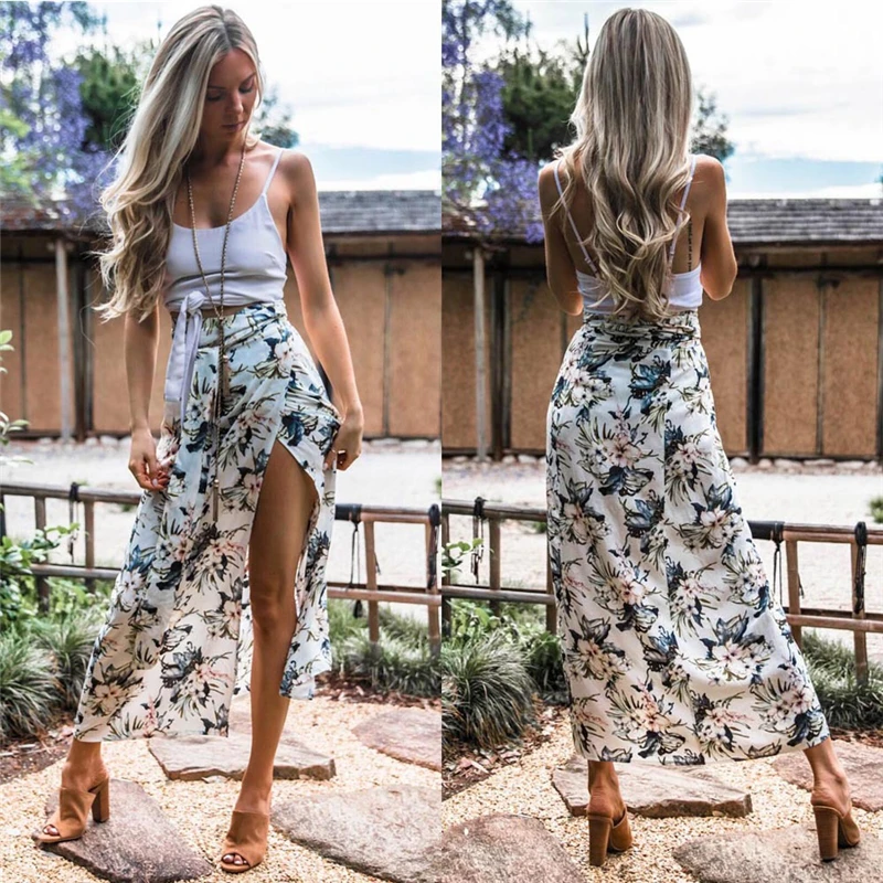 

2020 Newest Summer Boho Style Print Skirts Women High Waist Long Skirts Vintage Elegant Split Floral Beach Skirts Female