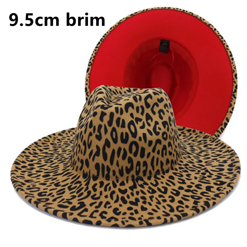 New Fedora hat inner leather pink hat 9.5cm big brim leopard pattern two-color leopard print couple hat jazz hat кепкаженская blue fedora