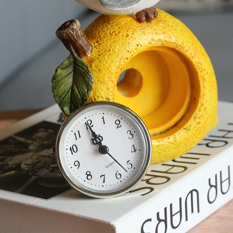Decorative Cute Bird on Fruit Apple,Pear Shaped Hand-Painted Resin Bedroom Table Countertop Clock