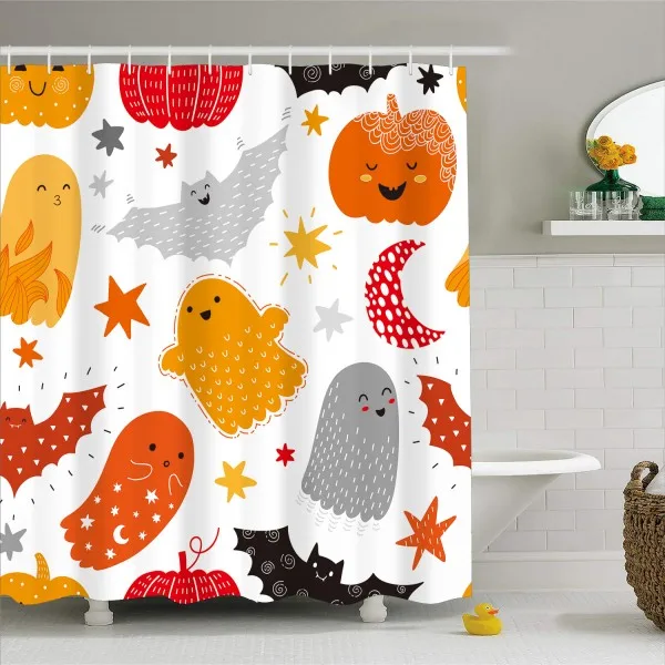 Cartoon Ghost Bat Pumpkin Shower Curtain Waterproof Mold Proof Polyester Door Curtain Happy Halloween Bath Curtain for Home 1pc - Color: color-1