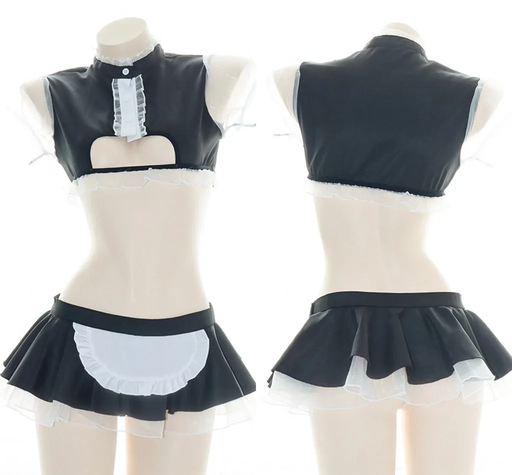 Organza Lovely Maid Ruffle Short Dress With Open Chest Tops Underwear Set Japanese Style Sexy Women Private Miniskirt |