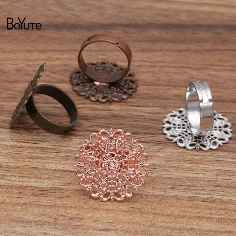 BoYuTe (200 Pieces/Lot) 25MM Metal Brass Filigree Peacock Feather Ring Base Adjustable Diy Hand Made Jewelry Accessories