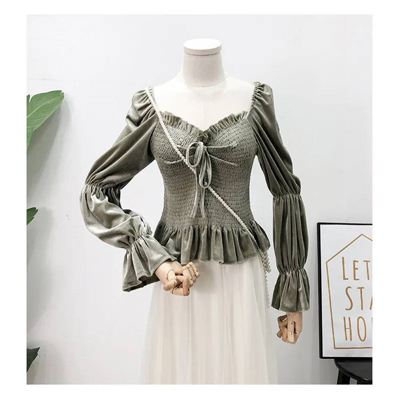 New Spring Autumn Women Slash Neck Velvet Shirt Tie Bow Ruffle Blouse Female Flare Sleeve Blouses Bottoming Short Tops AB1693