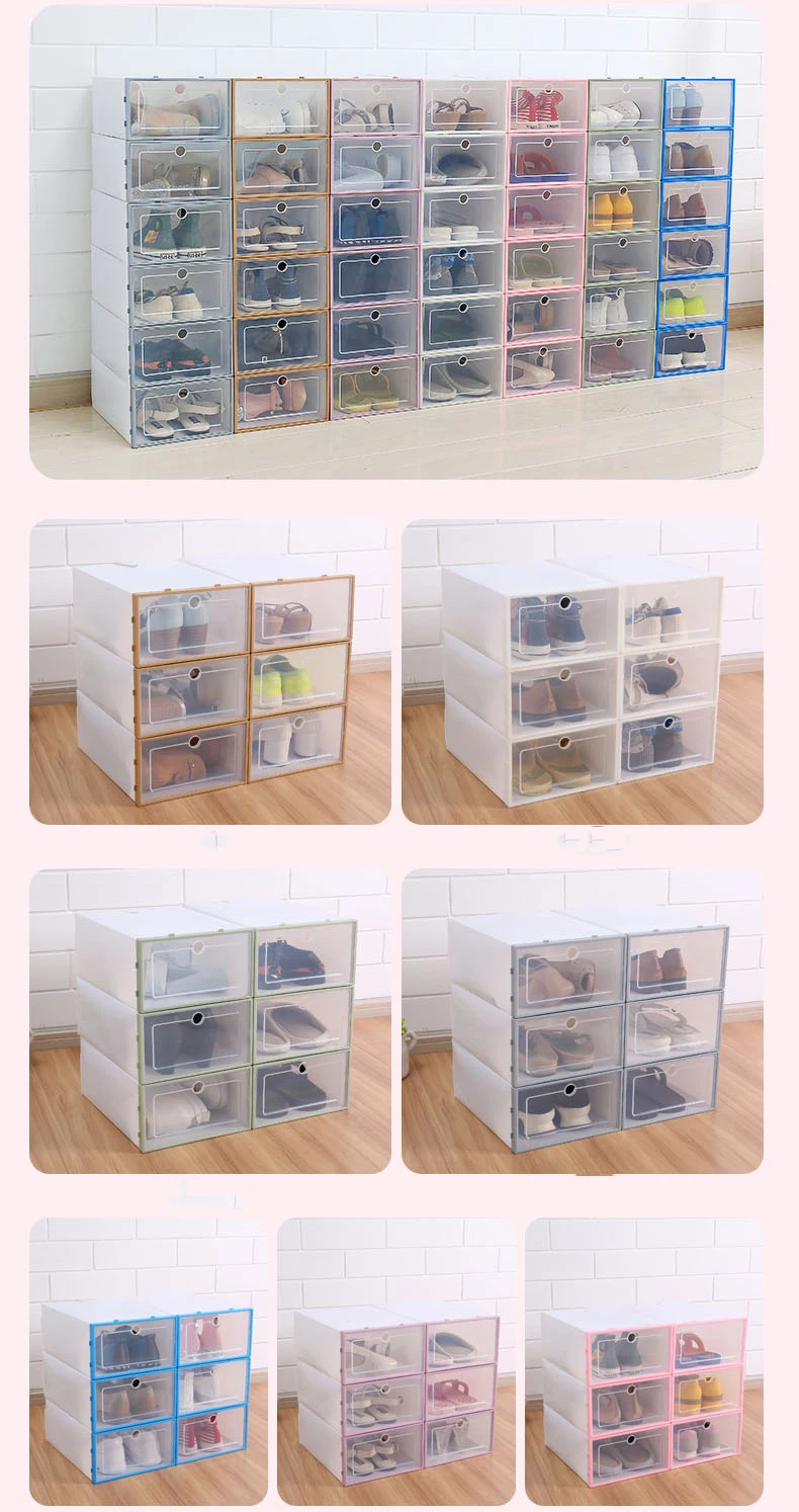 6Pcs Plastic Container Shoe Box Drawer Storage Organizer Thickened Flip Case Stackable Rectangle Boxes White Black