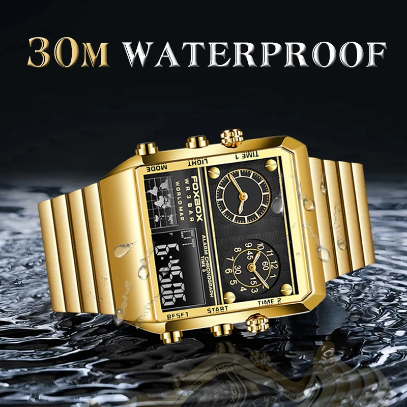 FOXBOX Watch Men Quartz Luxury Business Watches Square Wristwatch Stainless Steel Waterproof Watch for Men Relogio Masculino+Box