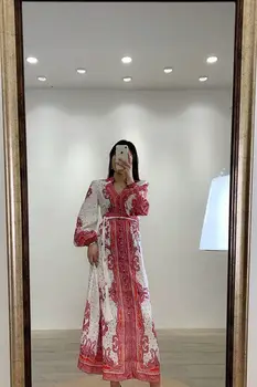 

Summer 2020 Long Dress Women V-Neck Floral Printed Long Lantern Sleeve Single Breasted Dress Casual Loose Dress