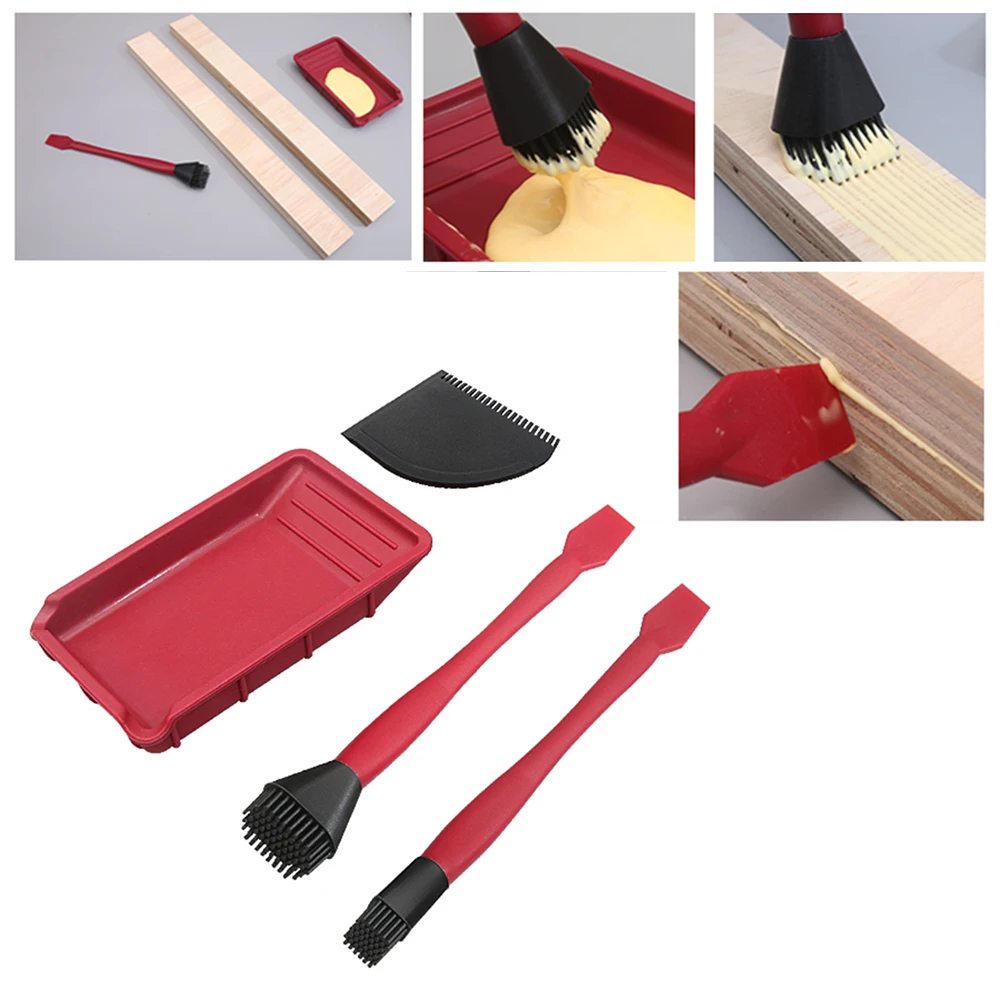 Juego de Herramientas de pegamento para madera de silicona suave, cepillo ancho, pala de hoja estrecha, raspador plano, bandeja de pegamento, pegamento de madera, 4 Uds.