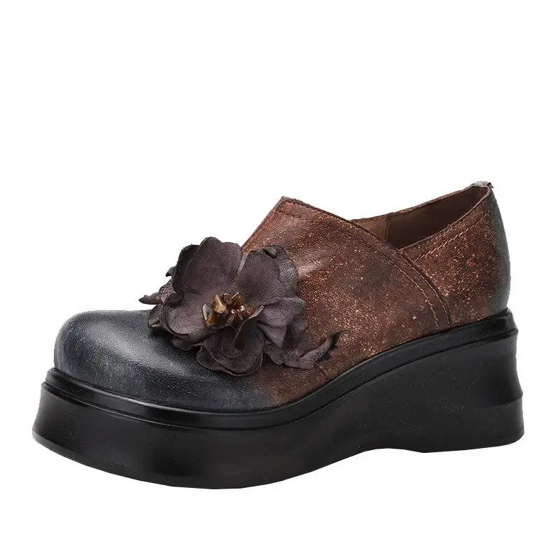 Johnature Platform Heels Retro Pumps Women Shoes Genuine Leather Wedges Round Toe New Autumn Zip Flower Ladies Shoes - Цвет: Кофе
