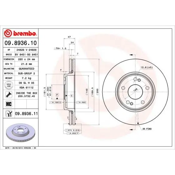 Диск тормозной передний Renault Laguna 1.6-1.9CDi 01 BREMBO 09.8