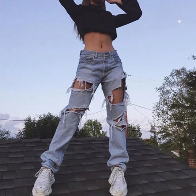 Women's Fashion Sexy Jeans Casual Pants Big Holes Long Trousers Women Jeans  Ripped Frayed Loose Denim Pants Women Clothing