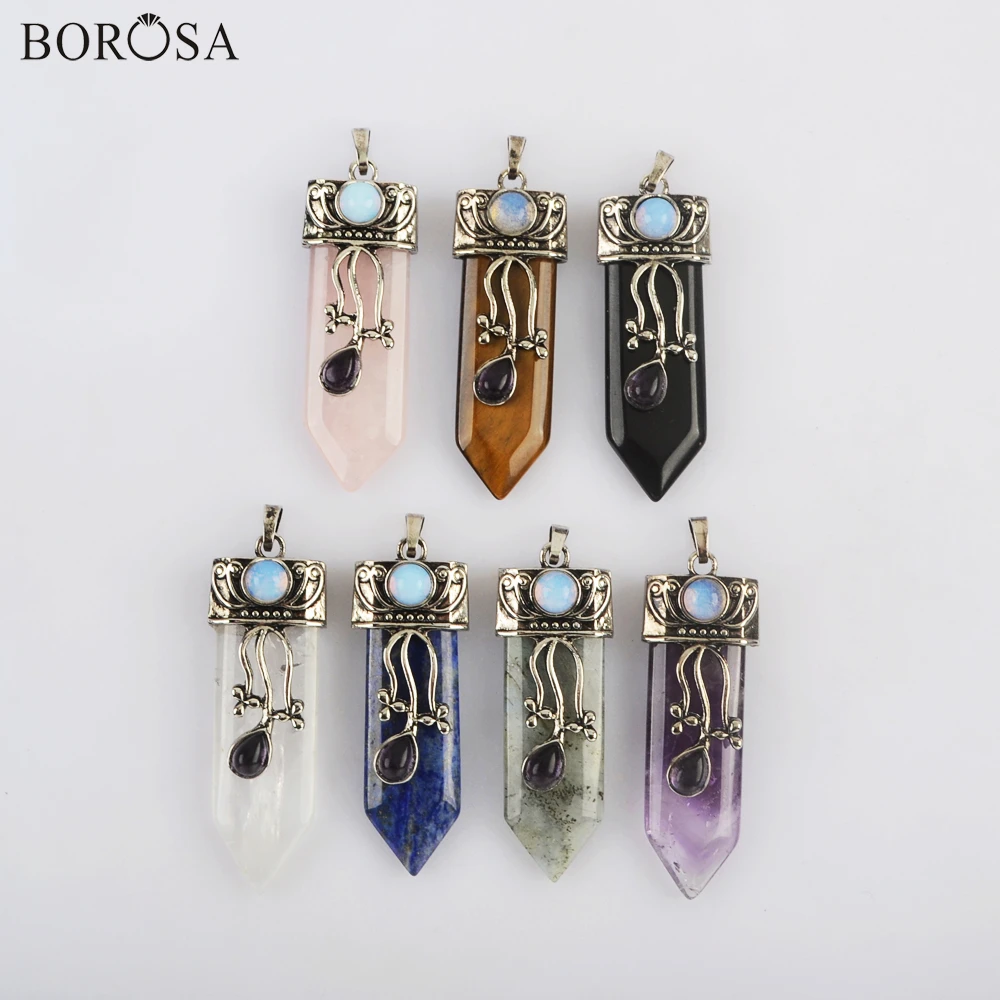 

BOROSA Silver Plated Multi-kind Natural Stones Pendant Necklace Rectangle Rose Crystal Purple Crystal Necklace for Women WX1859