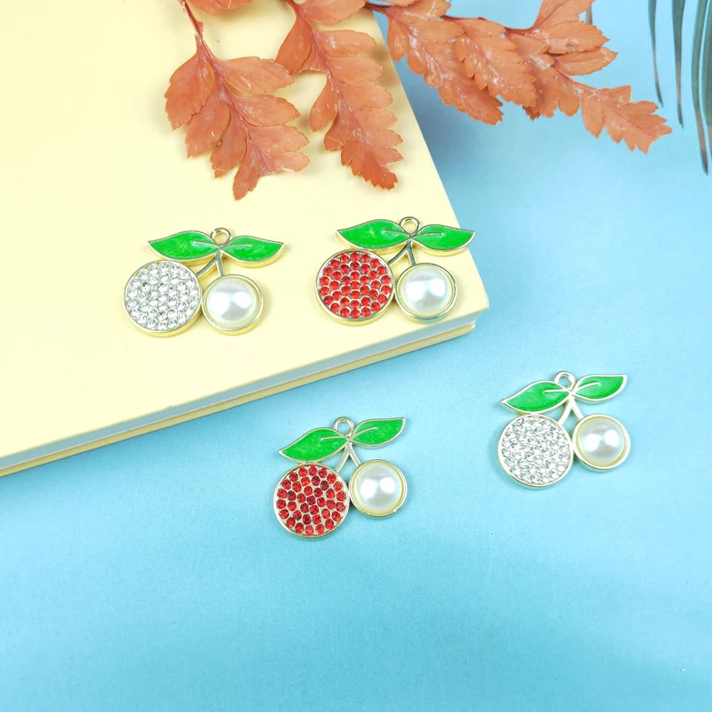 

JeQue 10pcs Fruit Pendant Cute Red Cherry Metal Charms DIY Bracelet Earring Decor Rhinestone Cherry Pendants Jewelry Accessories