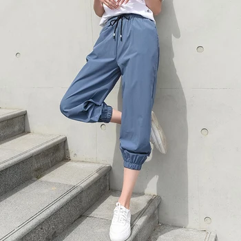 

OUMENGKA 2020 Chic Women Blue Pants Elastic High Waist Joggers Women Cardo Pants Women Ankle Length Pants Female Trousers S-3XL