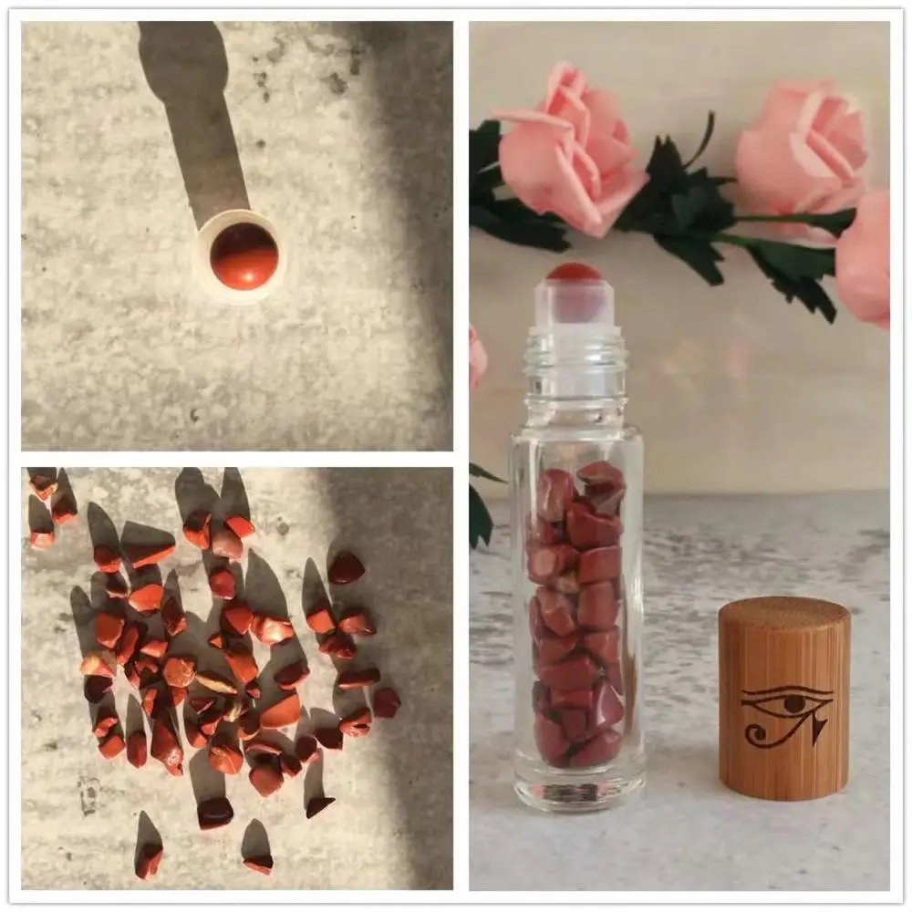 Red Jasper Натуральные роллеры с драгоценными камнями чакра, флаконы с эфирным маслом, пустые, 10 мл, бамбуковые крышки, прозрачные стеклянные бутылки - Цвет: Red Jasper