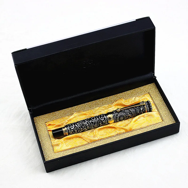 Jinhao Vintage Rollerball Pen Dragon Playing Pearl, Ancient Gray Metal Carving Embossing Heavy Pen Leather gift box selection