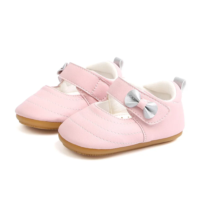 Autumn Baby Soft Soled First Step Shoes Cute Bowknot Girls Leather Pu Crib Shoes Anti-slip Princess Infant Shoe Girls Pink - Цвет: Розовый
