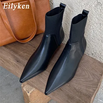 

Eilyken Fashion Ankle Stretch Fabric knitting Sock Boots PU Leather Pointed Toe Booties Woman Stiletto Heels Party Shoes