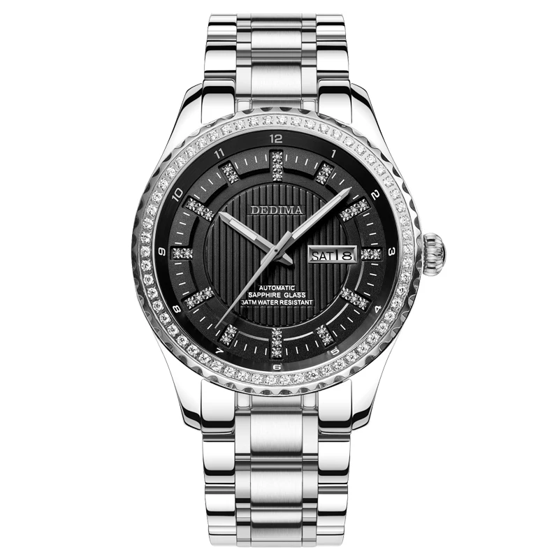 DEDIMA Gold Diamond double calendar waterproof night light steel strip men's watch business leisure Watch