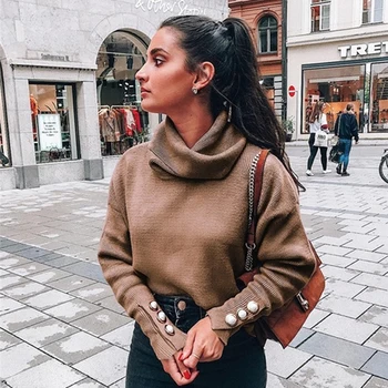 

Autumn And Winter Fashion Elegant Turtleneck Sweatshirt Women Button Sleeve Pullovers Solid Color Casual Thin Streetwear Tops