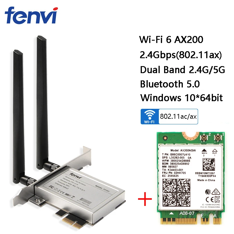 M.2 to PCI-Ex1 Desktop Adapter For Intel Wifi 6 AX200NGW 2400Mbps Dual Band 2.4G 5GHz Bluetooth 5.0 NGFF Wi-Fi Card 802.11ac/ax
