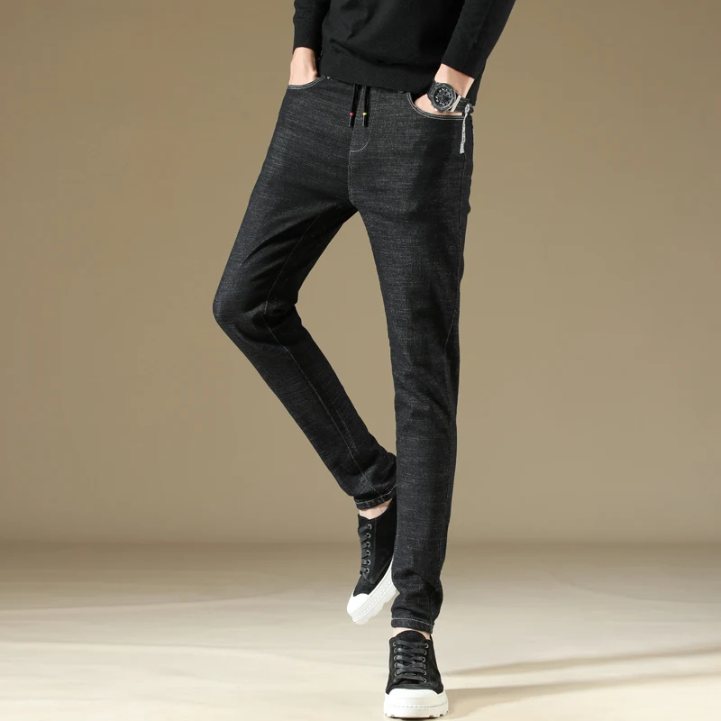 Tide Men Business Casual Slim Fit Elastic Jeans Fashion Printed Male Elastic Waist Drawstring Cotton Skinny Denim Trousers
