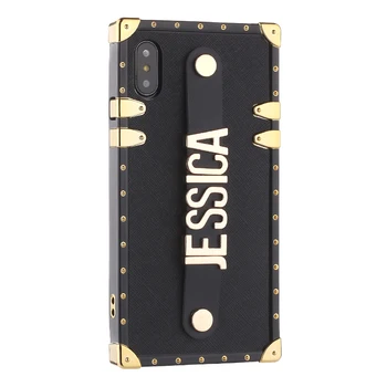 

Leather Trunk Case Holding Strap Gold Metal Custom Name Text Clear Phone Case For iPhone 11 Pro 6S XS Max XR 7 7Plus 8 8Plus X