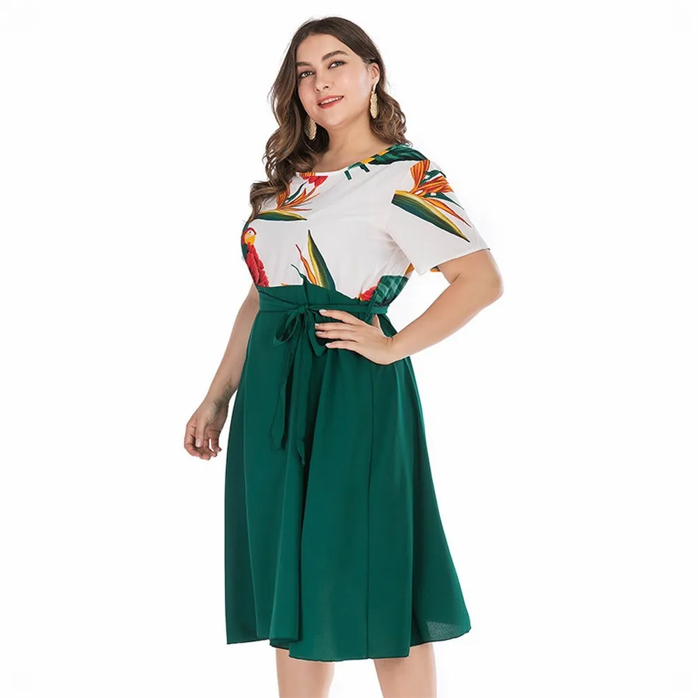 

2020 New Floral Wrap Women's Round Neck Summer Casual Plus Size Midi High Waist Party Holiday Dress For Women
