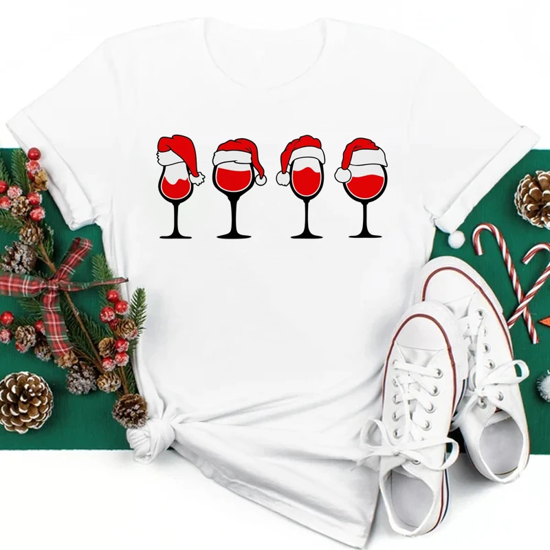Bicchiere da vino Cappello natalizio Donna T-sh Fashion Lady Holiday Buon Natale Capodanno Top Cartoon Sh Donna Nero965_voghion.com
