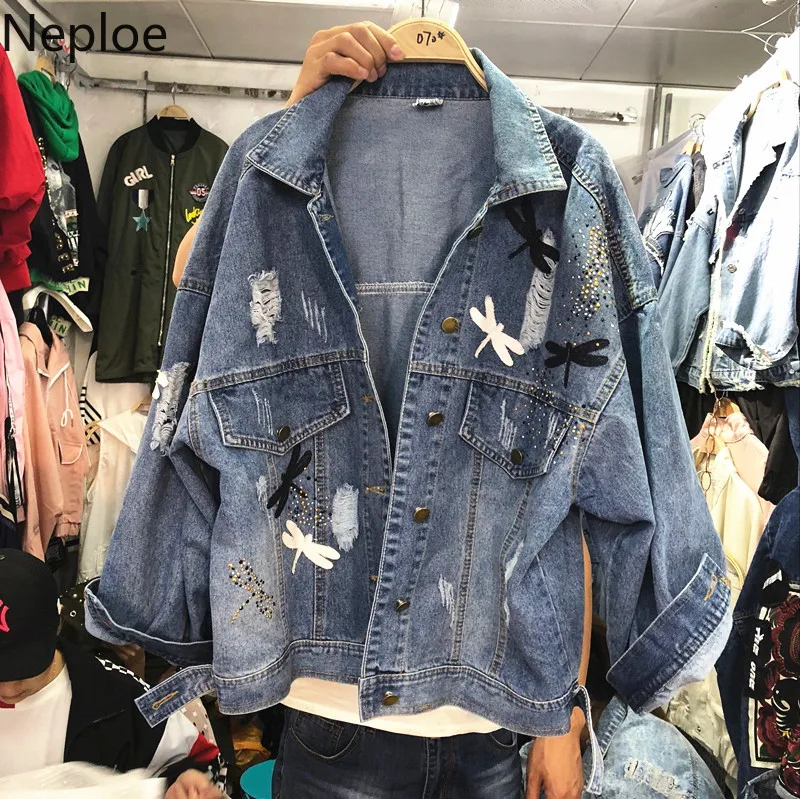 

Neploe Diamonds Holes Loose Jeans Jacket Dragonfly Appliques Single Breasted Pocoket Cowboy Coat 2019 Autumn Demin Outwear 53720
