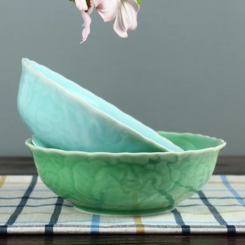 

Household ceramic soup bowl Longquan celadon peony 8 inch soup pot large bowl microwave oven tableware gift WJ111238