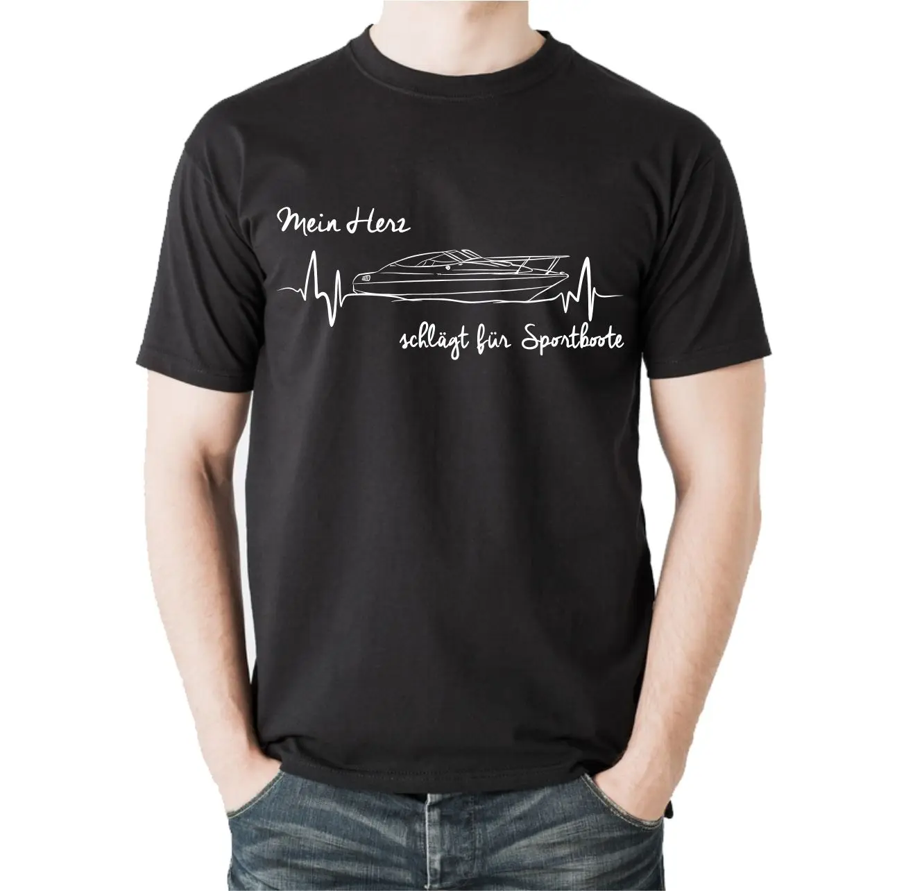 Print T-Shirt Mens Short SPORTBOOT - HEARTBEAT Herz Siviwonder Motorboot Boot Geschenk O-Neck Hipster Tshirts |