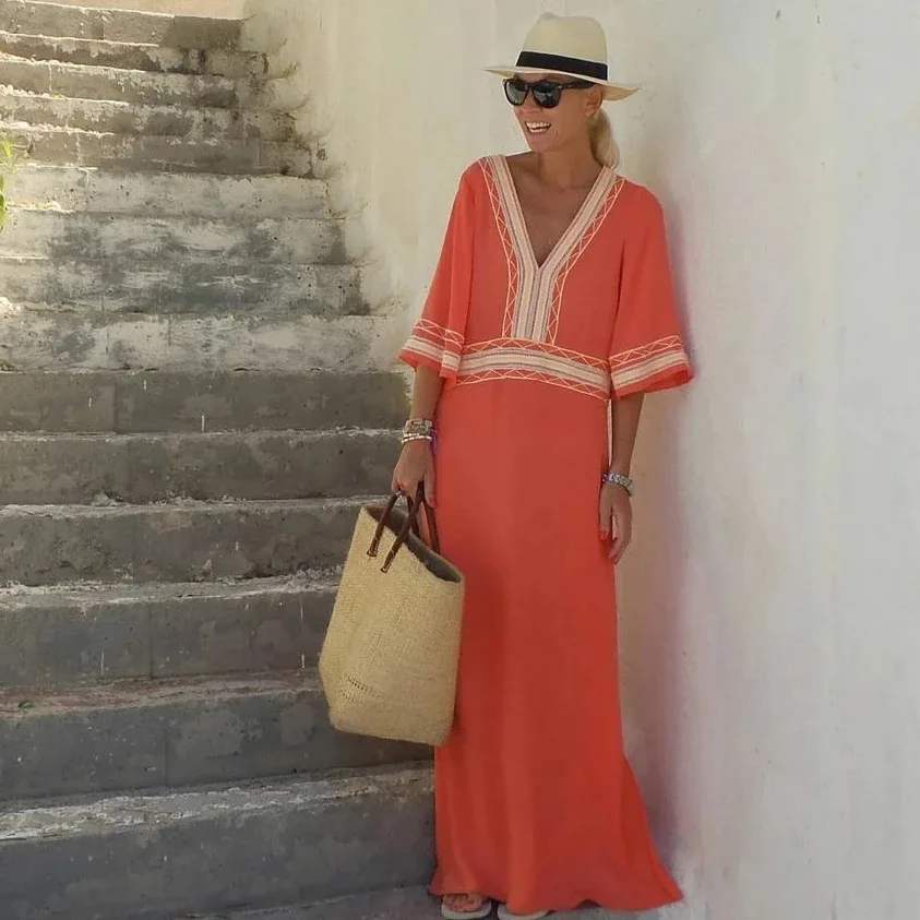 Saida De Praia, Пляжное Платье-накидка, платье для платья, халат, летняя Новинка, платье с длинным рукавом и стоячим воротником, аристократическое платье для отдыха