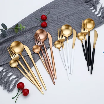 

New 24Pcs/set Dinnerware Set 304 Stainless Steel Black Cutlery Set Forks Spoons Knives Set Tableware Gold Plate Drop Ship
