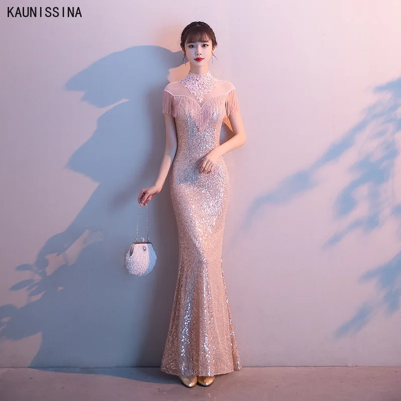 

New Sparkly Sequins Evening Dress Appliques Stand Collar Tassel Long Prom Dresses Mermaid Celebrity Party Gowns Sequined Vestido